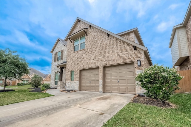 3911 Avalon Ridge Dr, Spring, TX 77386 - view of front facade with brick siding, driveway, stone siding, a front yard, and a garage