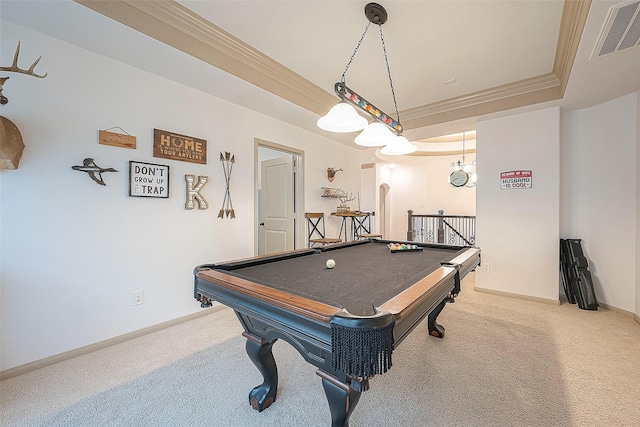 3911 Avalon Ridge Dr, Spring, TX 77386 - game room featuring carpet flooring, a raised ceiling, crown molding, baseboards, and billiards table