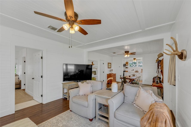 6020 State Highway 159, La Grange, TX 78945 - living room featuring a ceiling fan, wood finished floors, and wooden ceiling
