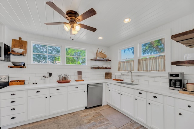 6020 State Highway 159, La Grange, TX 78945 - kitchen with open shelves, a sink, stainless steel dishwasher, plenty of natural light, and wooden ceiling