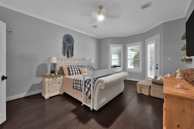 3315 Spring Branch Rd, Montgomery, TX 77316 - bedroom featuring baseboards, dark wood-type flooring, ornamental molding, and ceiling fan