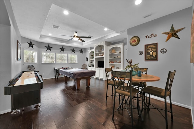 3315 Spring Branch Rd, Montgomery, TX 77316 - rec room with a raised ceiling, baseboards, dark wood-style flooring, ceiling fan, and billiards