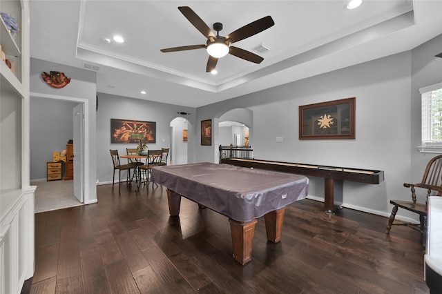 3315 Spring Branch Rd, Montgomery, TX 77316 - playroom with a tray ceiling, arched walkways, a ceiling fan, pool table, and dark wood-style floors