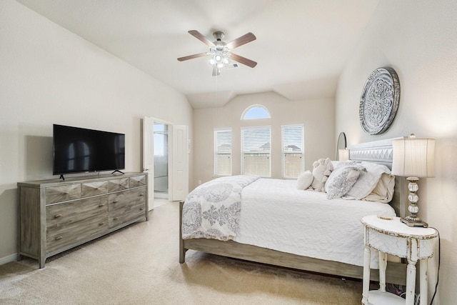 12019 Eagle Ridge Dr, Dayton, TX 77535 - bedroom featuring light colored carpet, vaulted ceiling, and a ceiling fan