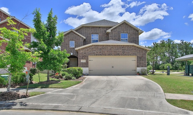 view of front of property featuring brick siding, driveway, an attached garage, a front lawn, and a shingled roof