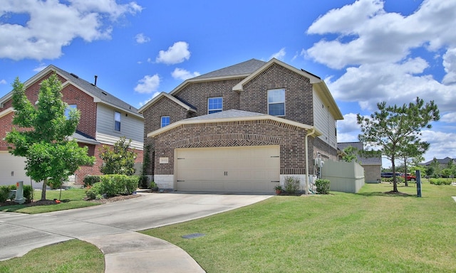 view of front facade with brick siding, driveway, a front lawn, a garage, and roof with shingles