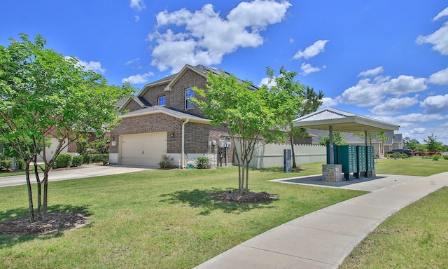 view of front of property featuring brick siding, an attached garage, driveway, and a front yard