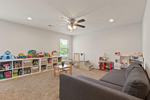 playroom with a ceiling fan, carpet flooring, and recessed lighting