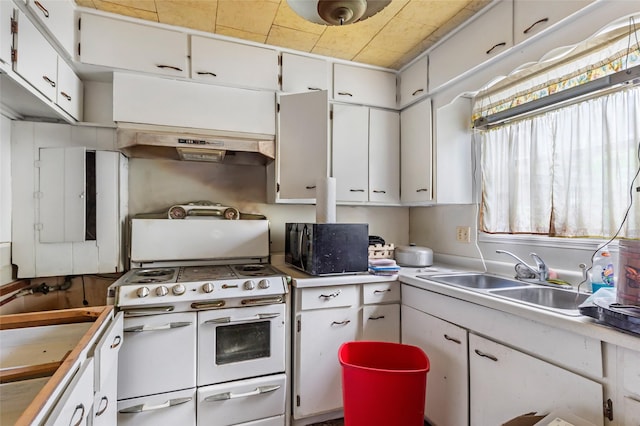 206 Shotwell St, Houston, TX 77020 - kitchen with under cabinet range hood, black microwave, range with two ovens, light countertops, and white cabinetry