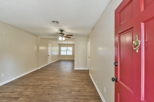 6738 Underhill St, Houston, TX 77092 - entryway featuring a ceiling fan, dark wood finished floors, and baseboards