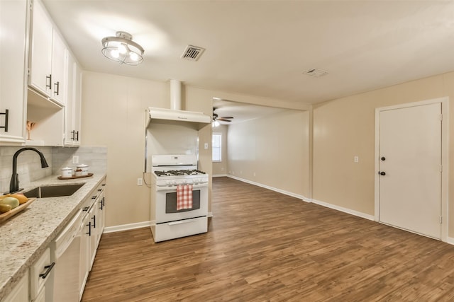 6738 Underhill St, Houston, TX 77092 - kitchen with white range with gas stovetop, a sink, wood finished floors, ceiling fan, and ventilation hood