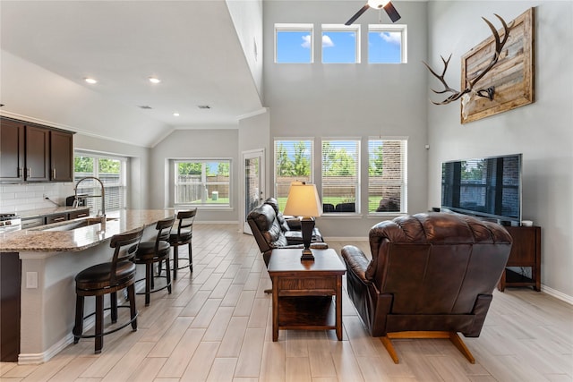 19011 Whistling Duck Dr, Cypress, TX 77433 - living area with a ceiling fan, baseboards, light wood finished floors, recessed lighting, and high vaulted ceiling