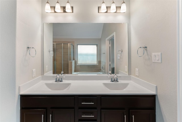 19011 Whistling Duck Dr, Cypress, TX 77433 - bathroom featuring a stall shower, double vanity, and a garden tub