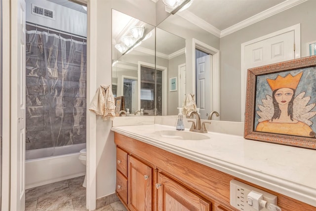 bathroom featuring toilet, vanity, shower / bathtub combination with curtain, and crown molding