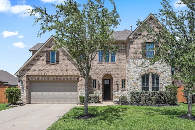 12510 Grayton Dr, Texas City, TX 77568 - view of front facade with driveway, a front yard, brick siding, stone siding, and roof with shingles