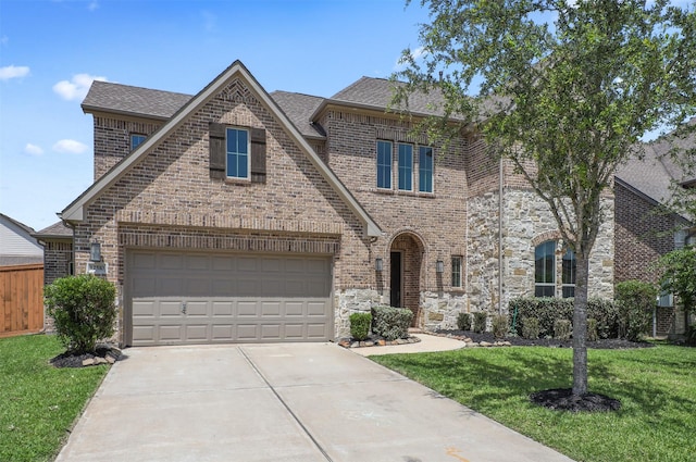 12510 Grayton Dr, Texas City, TX 77568 - view of front of home featuring concrete driveway, brick siding, a garage, stone siding, and roof with shingles