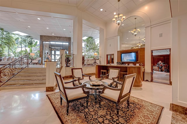 building lobby with recessed lighting and ornamental molding