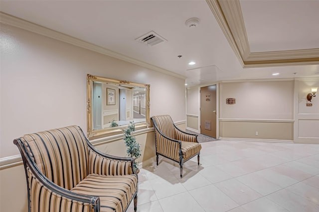 sitting room with crown molding, tile patterned floors, recessed lighting, and baseboards