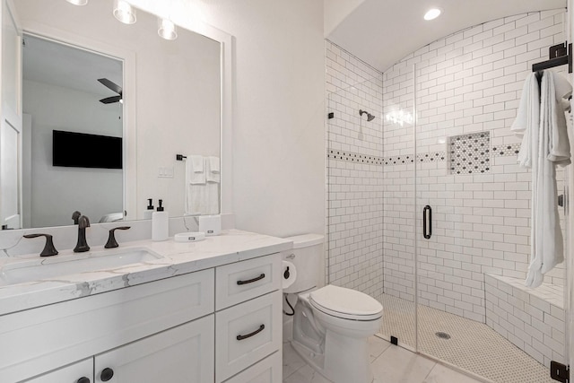1703 Madera Oaks Ct, Conroe, TX 77304 - bathroom featuring a shower stall, vanity, a ceiling fan, and recessed lighting