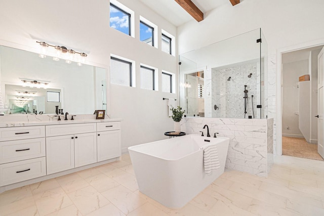 1703 Madera Oaks Ct, Conroe, TX 77304 - full bathroom featuring marble finish floors, walk in shower, vanity, a freestanding bath, and beamed ceiling