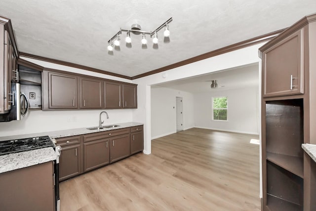kitchen with a sink, crown molding, light wood finished floors, dark brown cabinets, and a textured ceiling