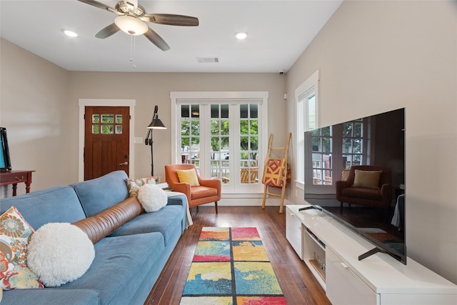 2714 Gano St, Houston, TX 77009 - living room featuring dark wood finished floors, recessed lighting, and a ceiling fan