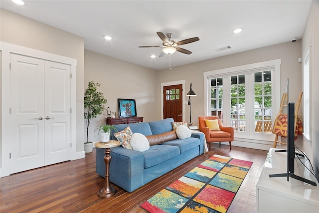 2714 Gano St, Houston, TX 77009 - living area with hardwood / wood-style floors, ceiling fan, and recessed lighting