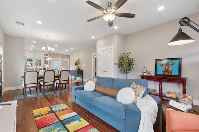 2714 Gano St, Houston, TX 77009 - living area with a chandelier, wood finished floors, ceiling fan, recessed lighting, and baseboards