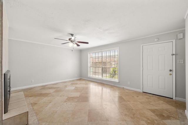 4166 Belle Park Dr Unit 4166, Houston, TX 77072 - unfurnished living room featuring a ceiling fan, ornamental molding, baseboards, and light tile patterned floors