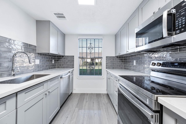 7109 Chasewood Dr, Houston, TX 77489 - kitchen featuring appliances with stainless steel finishes, a sink, gray cabinets, light wood finished floors, and light countertops