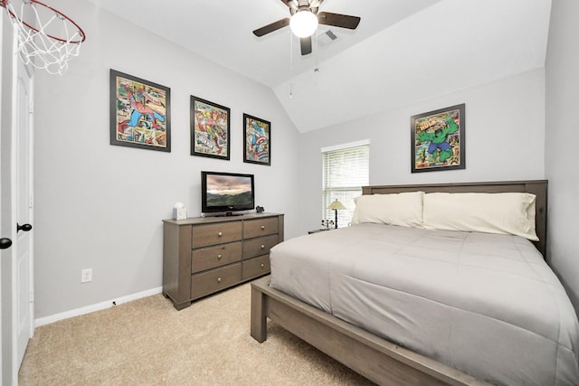 419 Sunny River Ln, Richmond, TX 77406 - bedroom with vaulted ceiling, light colored carpet, baseboards, and a ceiling fan