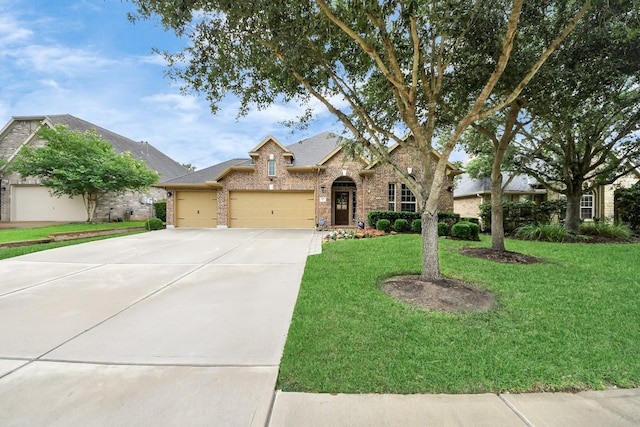 419 Sunny River Ln, Richmond, TX 77406 - view of front of home featuring brick siding, a garage, a front yard, and concrete driveway