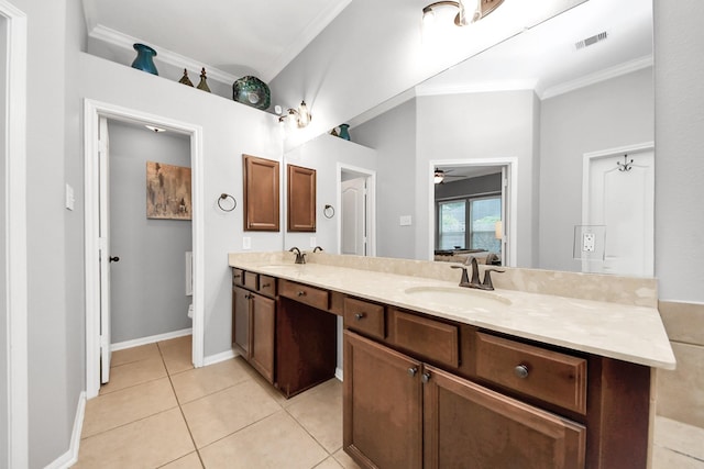 419 Sunny River Ln, Richmond, TX 77406 - full bath featuring ornamental molding, double vanity, tile patterned floors, ceiling fan, and toilet