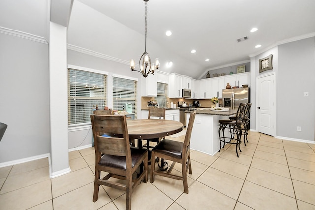 419 Sunny River Ln, Richmond, TX 77406 - dining area featuring ornamental molding, light tile patterned floors, recessed lighting, a chandelier, and lofted ceiling