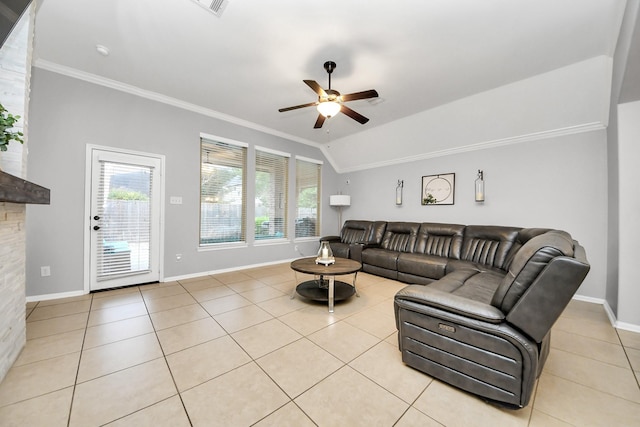 419 Sunny River Ln, Richmond, TX 77406 - living area with crown molding, ceiling fan, baseboards, tile patterned floors, and vaulted ceiling