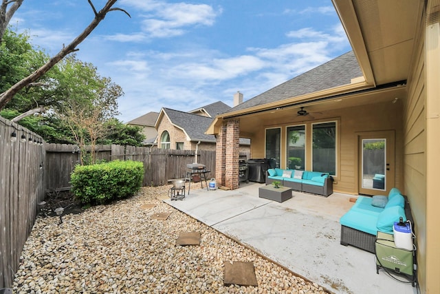 419 Sunny River Ln, Richmond, TX 77406 - view of patio featuring outdoor lounge area, a fenced backyard, and ceiling fan