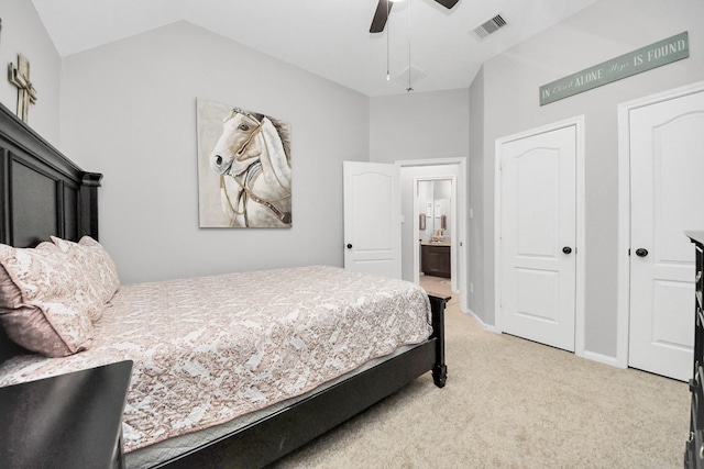 419 Sunny River Ln, Richmond, TX 77406 - bedroom with light colored carpet, lofted ceiling, a ceiling fan, and connected bathroom