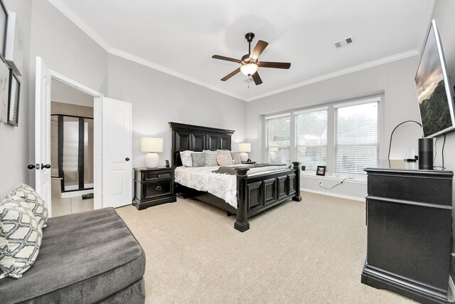 419 Sunny River Ln, Richmond, TX 77406 - bedroom with crown molding, light carpet, baseboards, and a ceiling fan