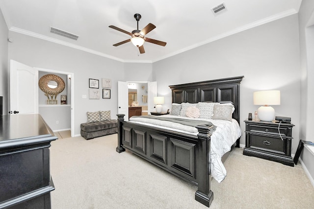 419 Sunny River Ln, Richmond, TX 77406 - bedroom with light colored carpet, crown molding, baseboards, ceiling fan, and ensuite bath