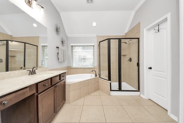 419 Sunny River Ln, Richmond, TX 77406 - bathroom with a shower stall, tile patterned flooring, a garden tub, lofted ceiling, and vanity