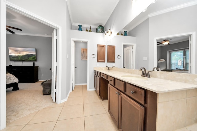419 Sunny River Ln, Richmond, TX 77406 - bathroom with a ceiling fan, ornamental molding, ensuite bathroom, double vanity, and tile patterned floors