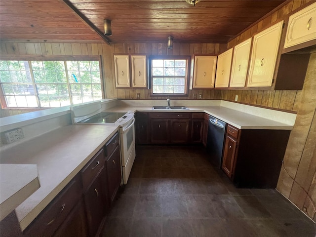 101 Hidden Cove Dr, Point Blank, TX 77364 - kitchen with wood ceiling, a sink, white electric stove, light countertops, and stainless steel dishwasher