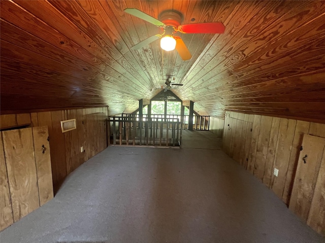 101 Hidden Cove Dr, Point Blank, TX 77364 - bonus room featuring wooden ceiling, wooden walls, vaulted ceiling, and ceiling fan