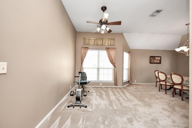 11843 Leaf Oak Dr, Houston, TX 77065 - exercise area with carpet floors, ceiling fan, baseboards, a chandelier, and vaulted ceiling