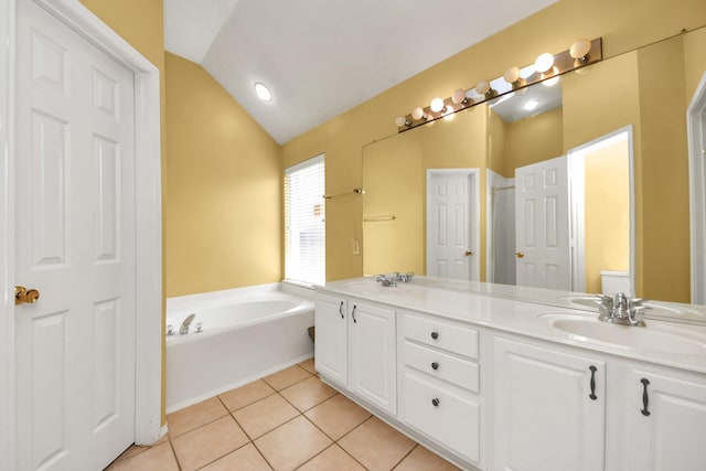 11843 Leaf Oak Dr, Houston, TX 77065 - full bathroom featuring lofted ceiling, tile patterned floors, a garden tub, double vanity, and a shower with shower door