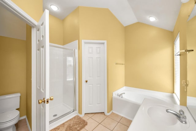 11843 Leaf Oak Dr, Houston, TX 77065 - bathroom with a sink, a shower stall, tile patterned flooring, toilet, and vaulted ceiling