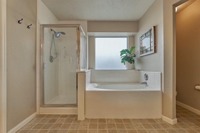 full bath with a stall shower, a bath, and toilet
