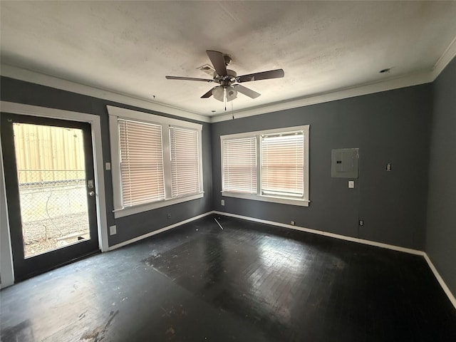 544 W 28th St, Houston, TX 77008 - unfurnished room with baseboards, a ceiling fan, electric panel, and crown molding