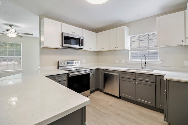 1306 W 6th St, Freeport, TX 77541 - kitchen featuring stainless steel appliances, a sink, gray cabinets, and ceiling fan