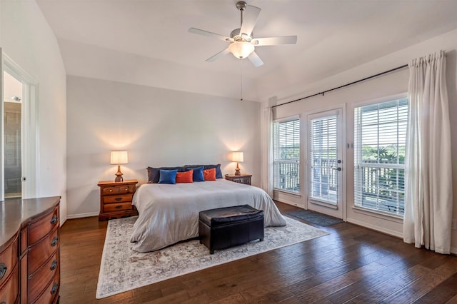 2101 Menard Ave, Seabrook, TX 77586 - bedroom with access to exterior, dark wood finished floors, baseboards, and ceiling fan